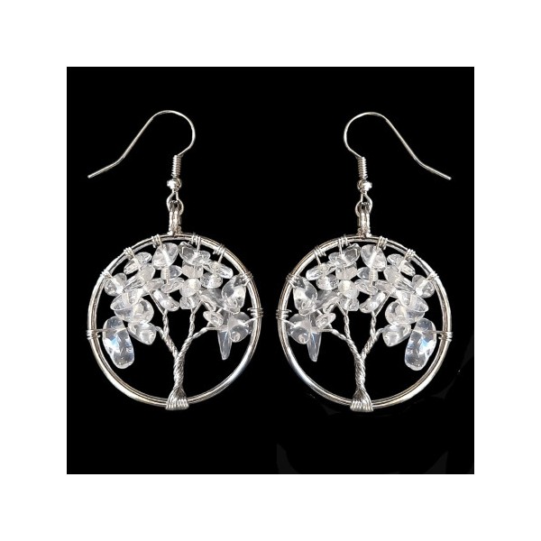 Boucles d'oreilles pendantes arbre de vie en cristal de roche - Photo n°1