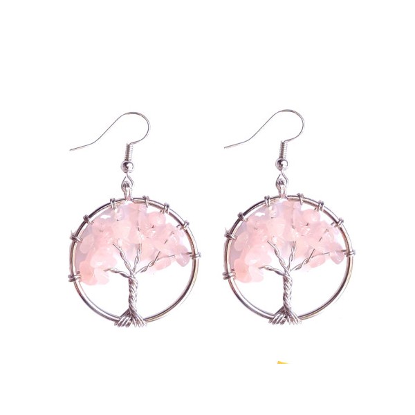 Boucles d'oreilles pendantes arbre de vie en quartz rose - Photo n°1