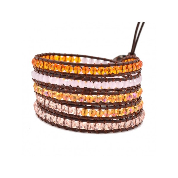 Bracelet long wrap entouré de perles cristal facettées orange et rose - 90cm - Photo n°1