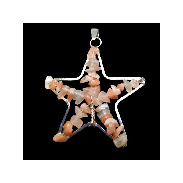 Pendentif étoile en chips perles de quartz fraise + chaine - Photo n°2