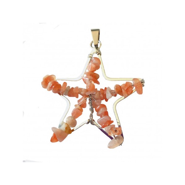 Pendentif étoile en chips perles de quartz fraise + chaine - Photo n°1