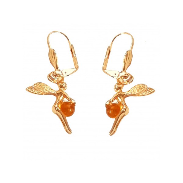 Boucles d'oreilles dormeuses fée perle d'ambre en plaqué or - Photo n°1