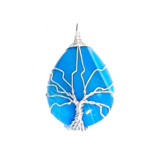 Pendentif goutte arbre de vie wrap en agate bleue + chaine 3,5cm - Photo n°1