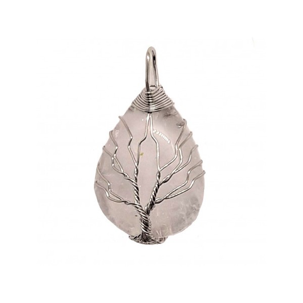 Pendentif goutte arbre de vie en cristal de roche wrap argenté + chaine 3,5cm - Photo n°1