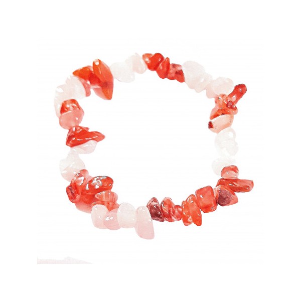 Bracelet élastique de perles chips en cornaline et quartz rose - 50mm - Photo n°1