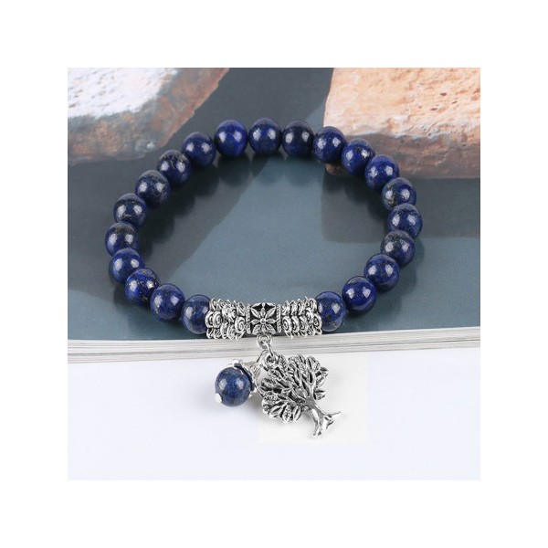 Bracelet élastique breloques arbre de vie en perles de lapis lazuli teinté - Photo n°2
