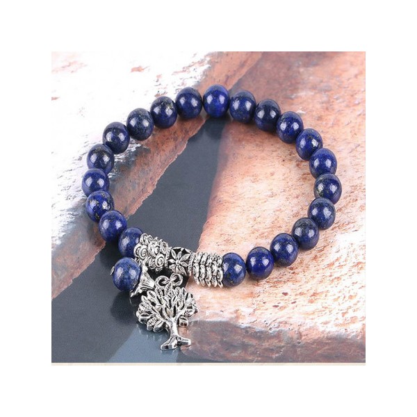 Bracelet élastique breloques arbre de vie en perles de lapis lazuli teinté - Photo n°3