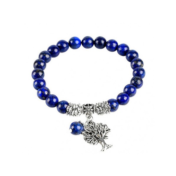 Bracelet élastique breloques arbre de vie en perles de lapis lazuli teinté - Photo n°1