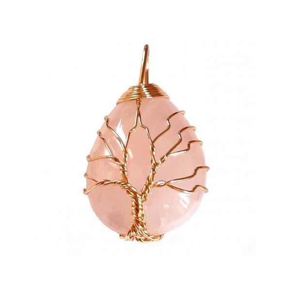 Pendentif goutte arbre de vie en quartz rose wrap doré + chaine 3,5cm - Photo n°1