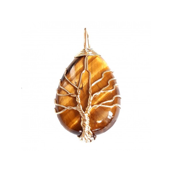 Pendentif goutte arbre de vie en oeil de tigre wrap doré + chaine 3,5cm - Photo n°1