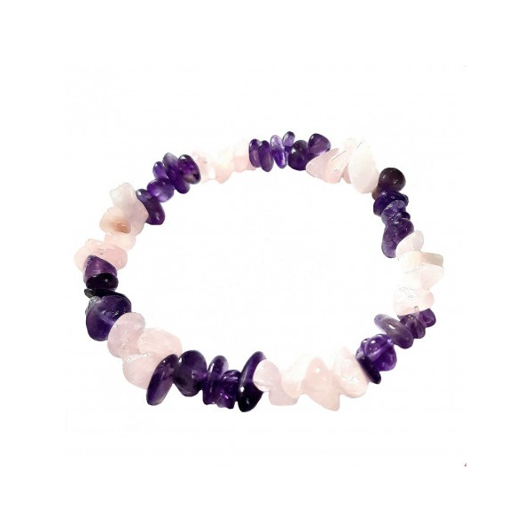 Bracelet élastique de perles chips en améthyste et quartz rose anti stress - 50mm - Photo n°1