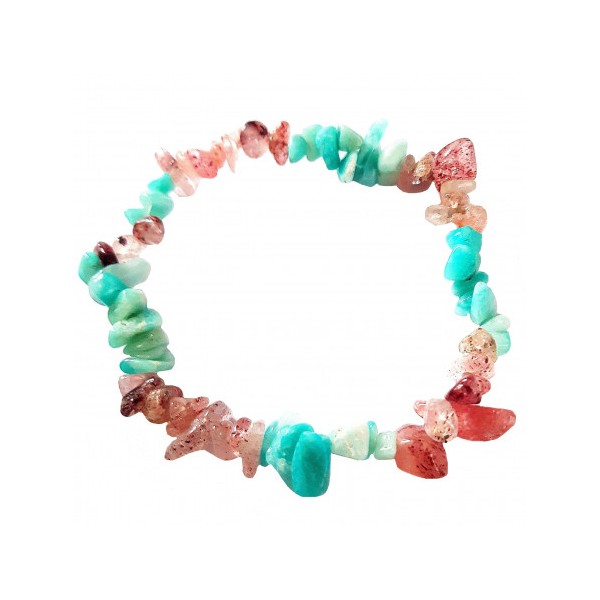 Bracelet élastique de perles chips en quartz fraise et amazonite - 50mm - Photo n°1