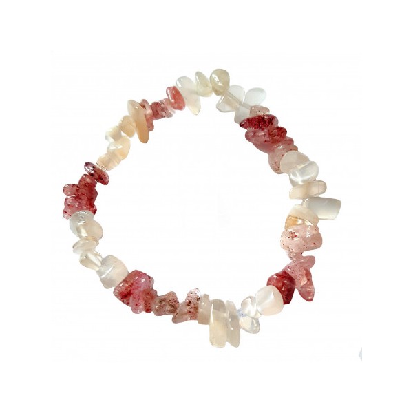 Bracelet élastique de perles chips en quartz fraise et pierre de lune - 50mm - Photo n°1