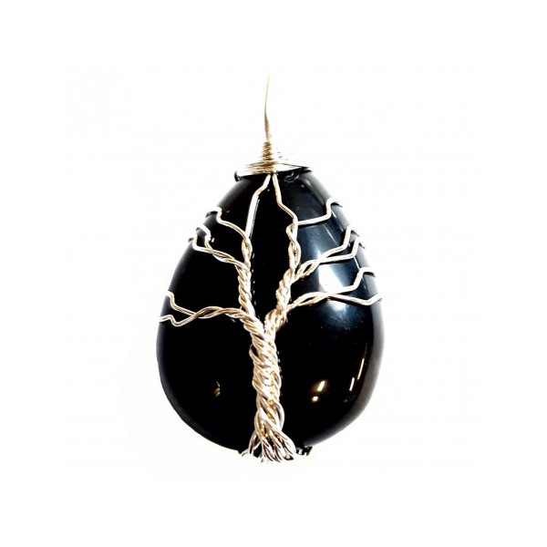 Pendentif goutte arbre de vie wrap en agate noire + chaine 3,5cm - Photo n°1