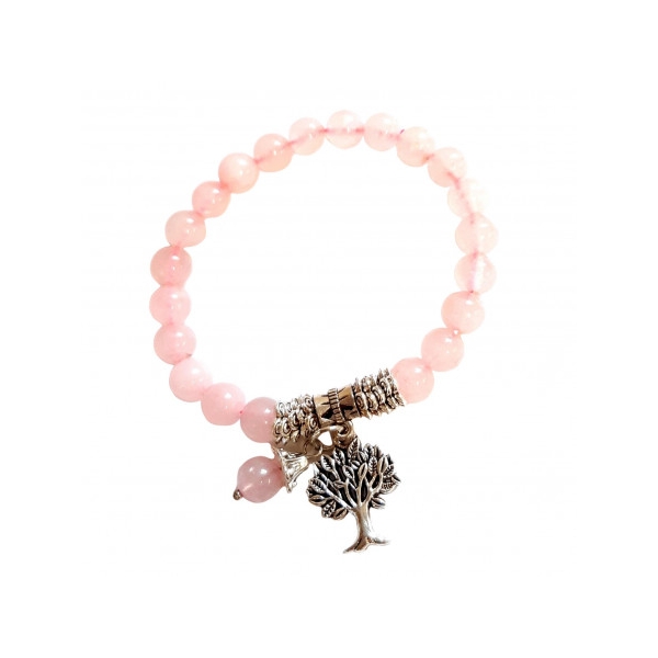 Bracelet élastique breloques arbre de vie en perles de quartz rose - Photo n°1