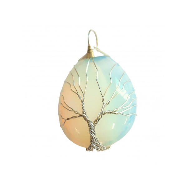 Grand Pendentif goutte arbre de vie wrap en opalite opaline + chaine 4cm - Photo n°1