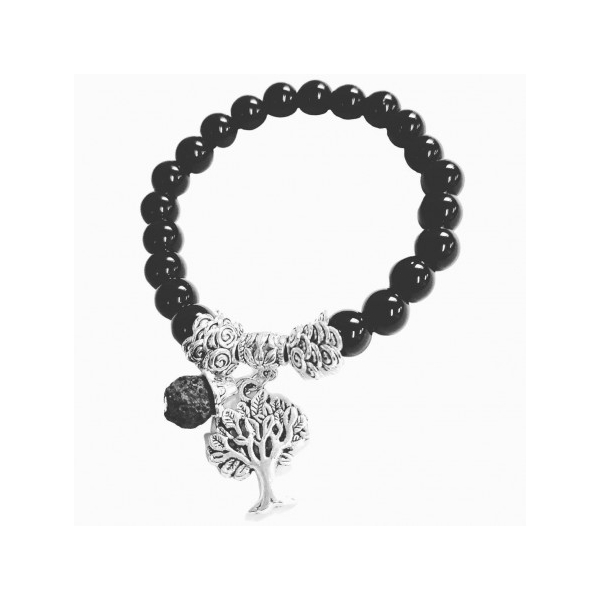 Bracelet élastique breloques arbre de vie en perles d'onyx noire - Photo n°1