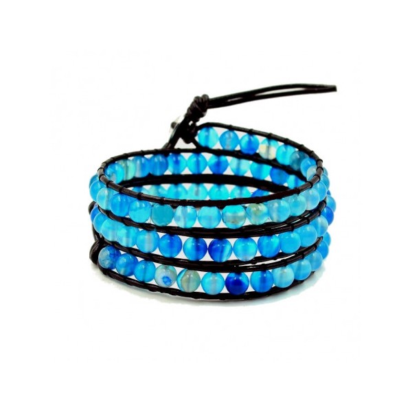 Bracelet long wrap entouré de perles rondes 6mm en agate bleu - 50cm - Photo n°1