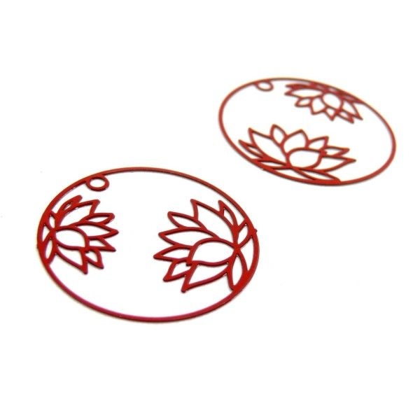 PS11882970 PAX de 4 Estampes pendentif filigrane Fleur de Lotus dans Cercle 27 mm Métal coloris Roug - Photo n°1