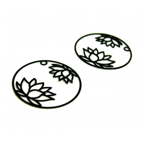 PS11882966 PAX de 4 Estampes pendentif filigrane Fleur de Lotus dans Cercle 27 mm Métal coloris Noir - Photo n°1