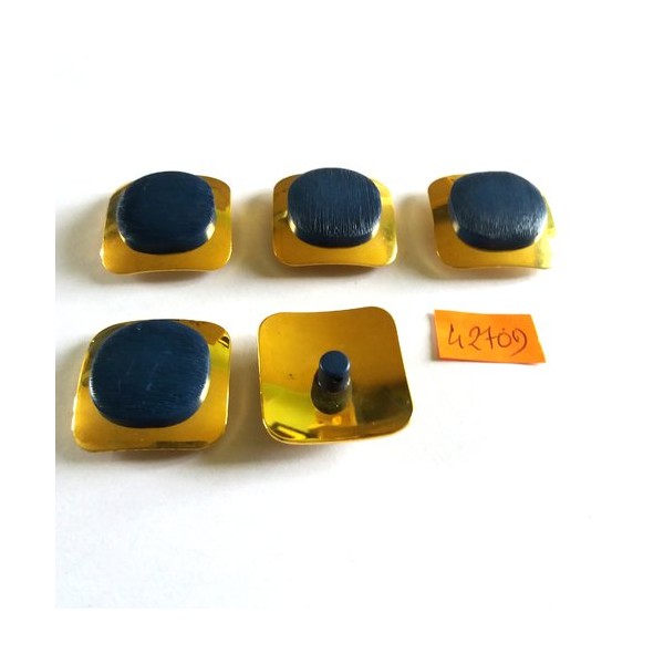5 Boutons en métal doré et résine bleu foncé - 27x27mm - 4270D - Photo n°1