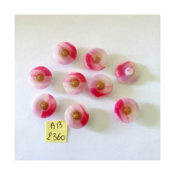 9 Boutons en résine rose fuchsia et doré - 18mm - AB2360 - Photo n°1