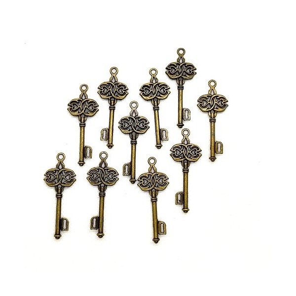 10 Breloques en métal bronze - clefs - 17x45mm - 122 - Photo n°1