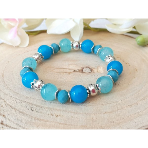 Kit bracelet fil élastique perles jade bleue - Photo n°1