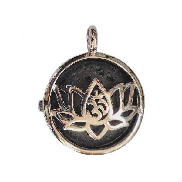Pendentif médaille qui s'ouvre fleur de lotus et cabochon pierre de lave noire + chaine 2,5cm - Photo n°1