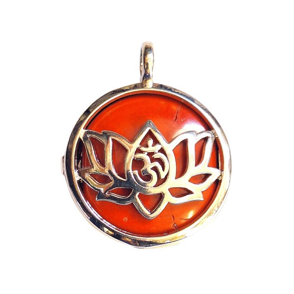 Pendentif médaille qui s'ouvre fleur de lotus et cabochon jaspe rouge + chaine 2,5cm - Photo n°1