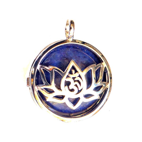 Pendentif médaille qui s'ouvre fleur de lotus et cabochon lapis lazuli + chaine 2,5cm - Photo n°1