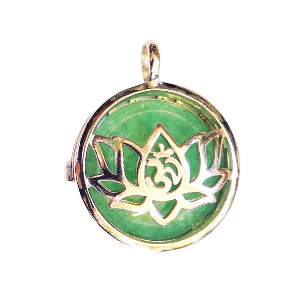 Pendentif médaille qui s'ouvre fleur de lotus et cabochon aventurine verte + chaine 2,5cm - Photo n°1