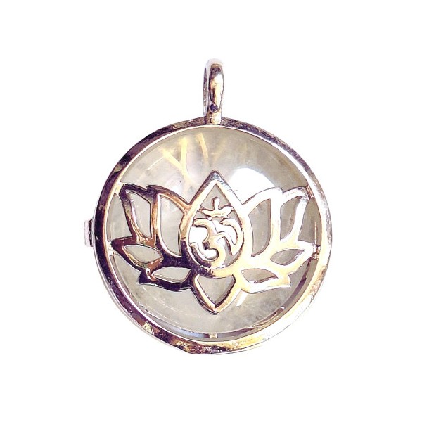 Pendentif médaille qui s'ouvre fleur de lotus et cabochon cristal de roche + chaine 2,5cm - Photo n°1