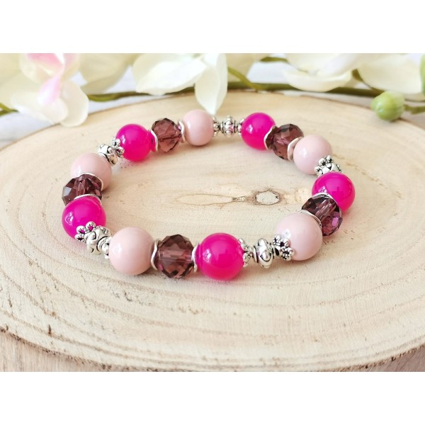 Kit bracelet fil élastique perles en verre fuchsia et violette - Photo n°1