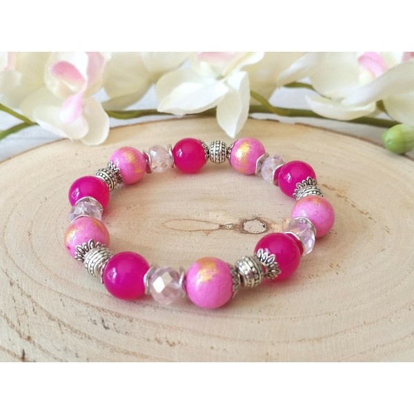 Kit bracelet fil élastique perles jade rose taches dorées - Photo n°1