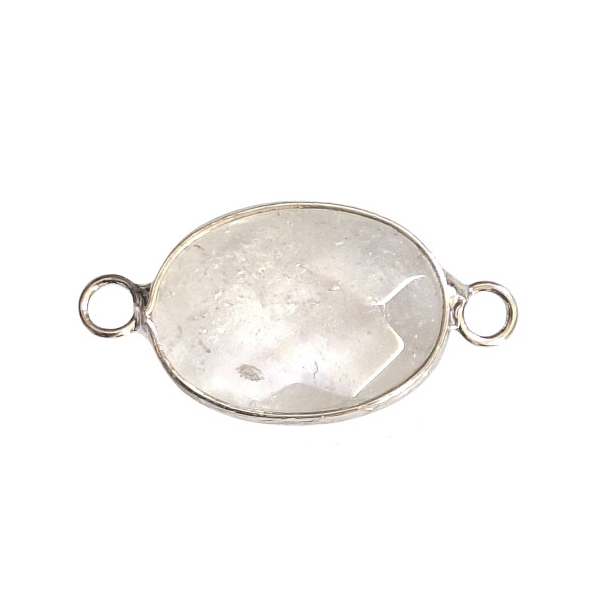 1X breloque connecteur sertie d'un cristal de roche ovale facettée argentée 2,5cm - Photo n°1