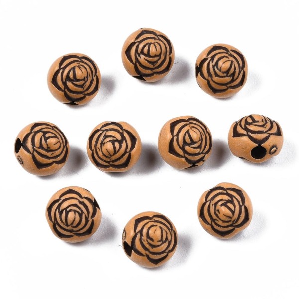 LOT 50 PERLES ACRYLIQUES : rondes motif roses marrons/noires 10*8mm (02) - Photo n°1