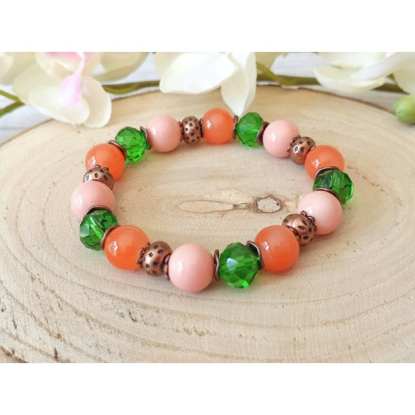 Kit bracelet fil élastique perles en verre vert, orange et rose