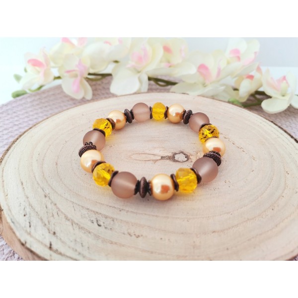 Kit bracelet fil élastique et perles en verre jaune et marron - Photo n°1