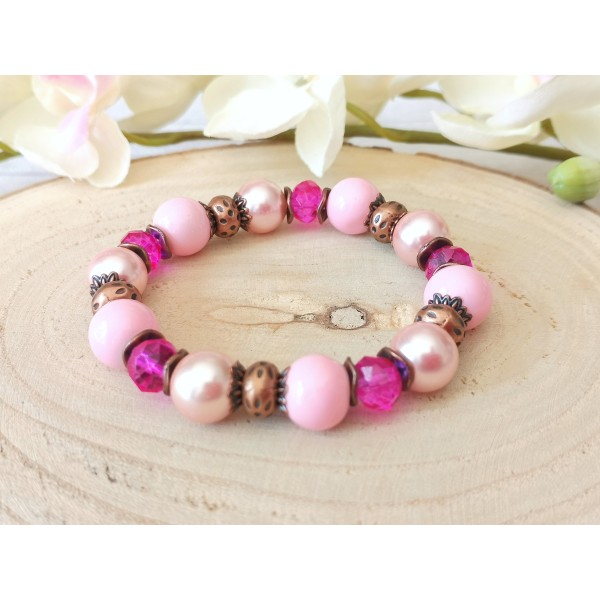 Kit bracelet fil élastique perles en verre rose et fuchsia - Photo n°1
