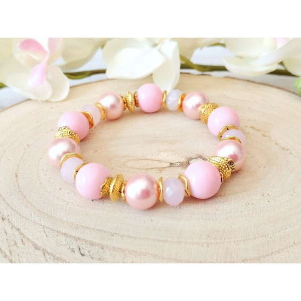 Kit bracelet fil élastique perles en verre ton rose - Photo n°1