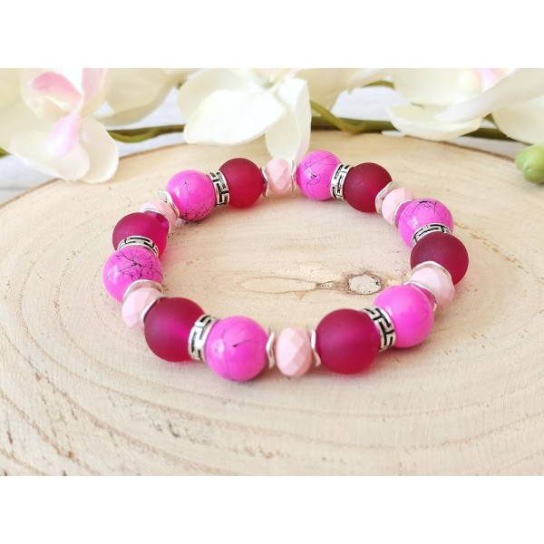 Kit bracelet fil élastique perles en verre rose et bordeaux - Photo n°1
