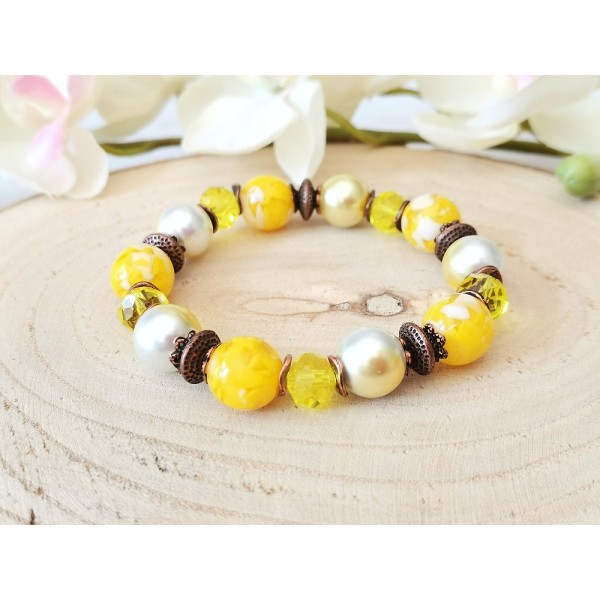 Kit bracelet fil élastique perles en verre jaune et résine - Photo n°1