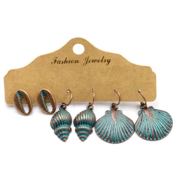 1Set Turquoise de cuivre antique 3 Sets Boho Earrings ethniques pour femmes Shell marine d'été Bijou - Photo n°1