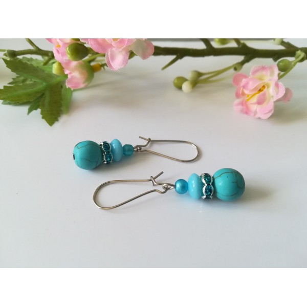 Kit boucles d'oreilles perles turquoise, bleues et rondelle strass - Photo n°2