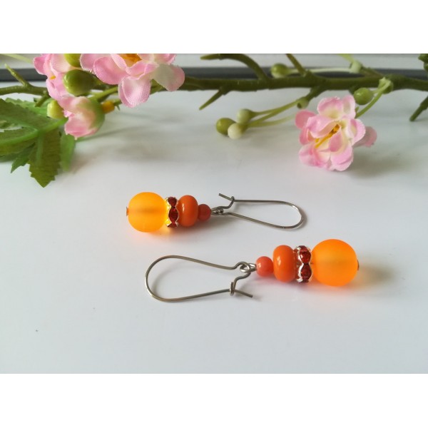 Kit boucles d'oreilles 3 perles ton orange et rondelle strass - Photo n°2