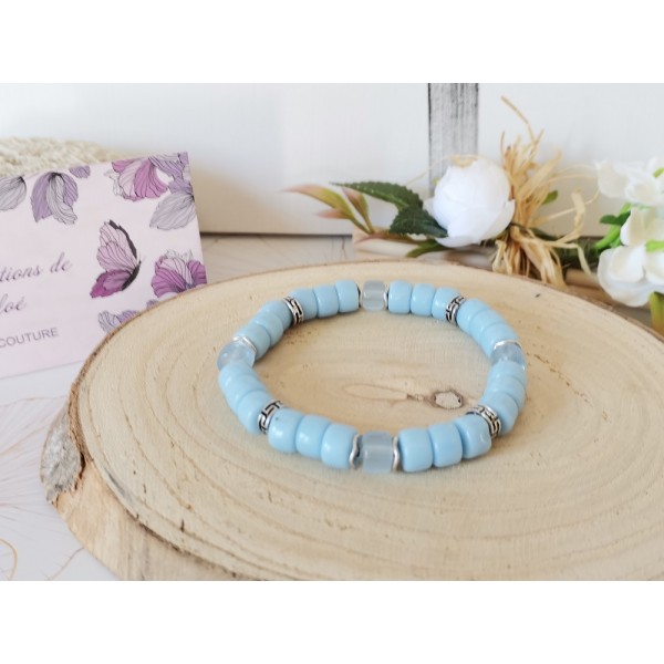 Kit bracelet perles en verre colonne bleu ciel et transparente - Photo n°2