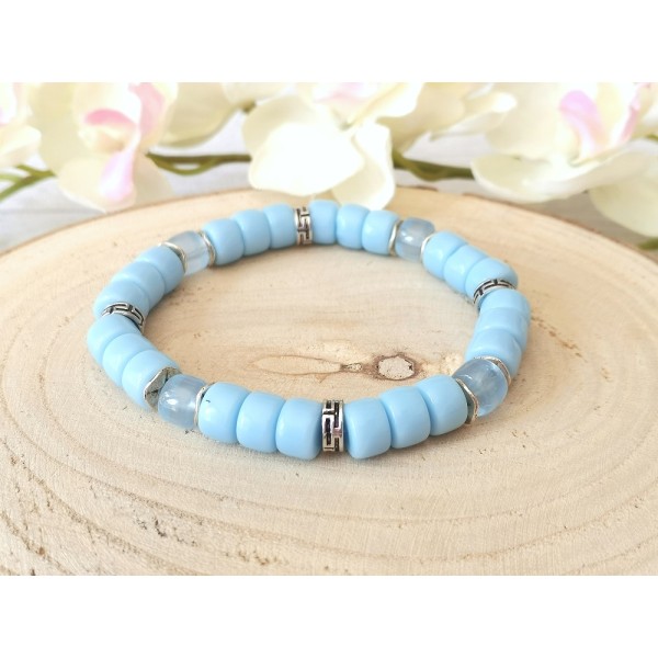 Kit bracelet perles en verre colonne bleu ciel et transparente - Photo n°1
