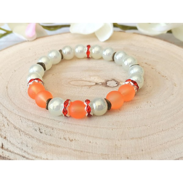 Kit bracelet fil élastique perles en verre et rondelles strass orange - Photo n°1
