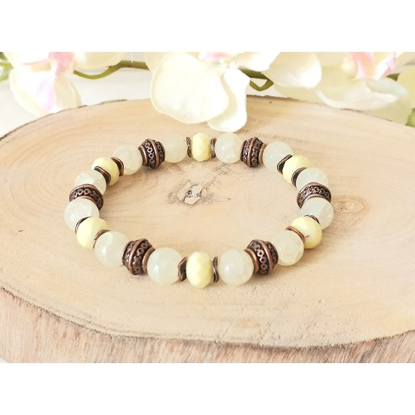 Kit bracelet fil élastique et perles en verre beige et jaune pale - Photo n°2